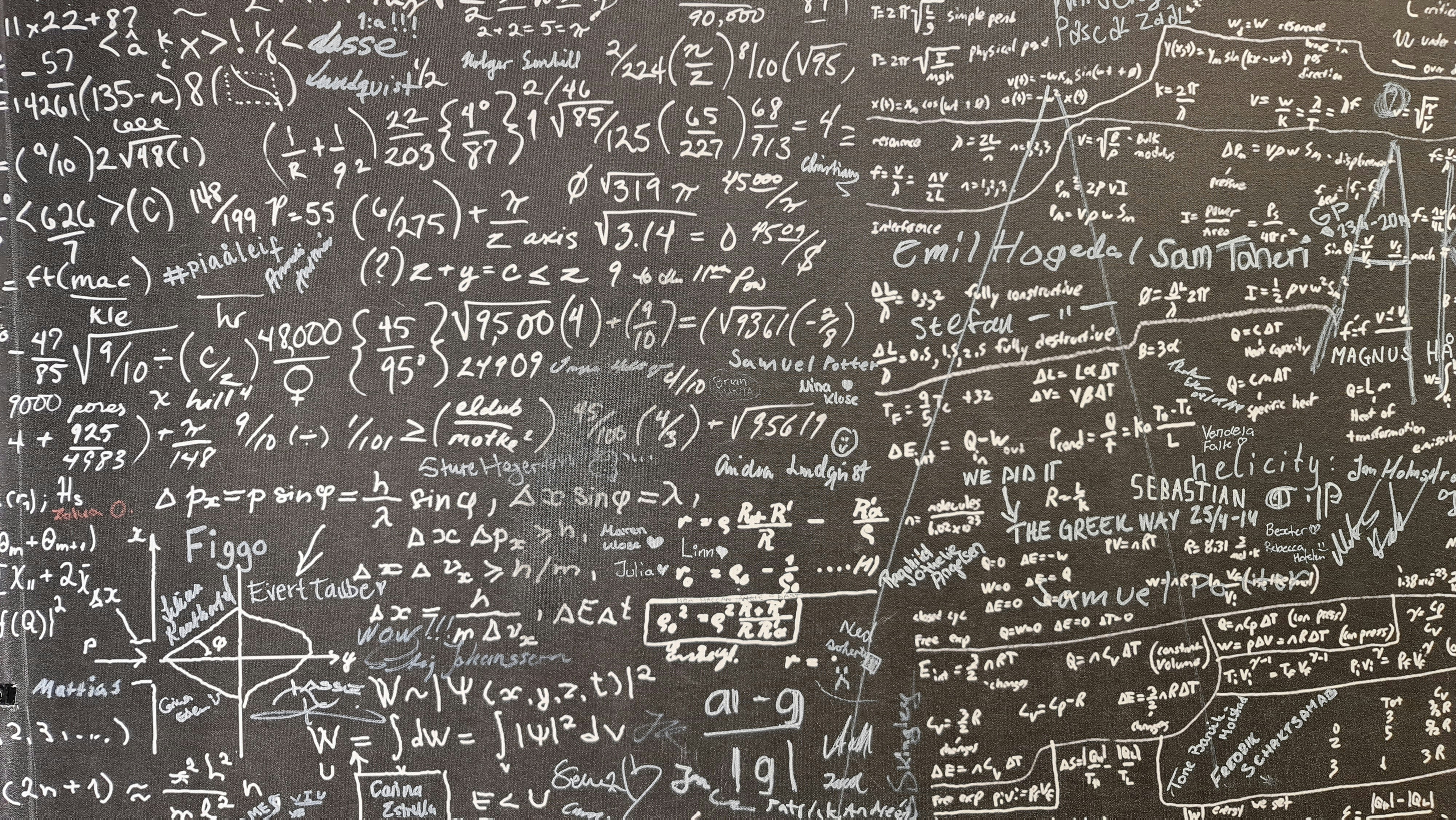Chalkboard filled with mathematics formulas and physics notes